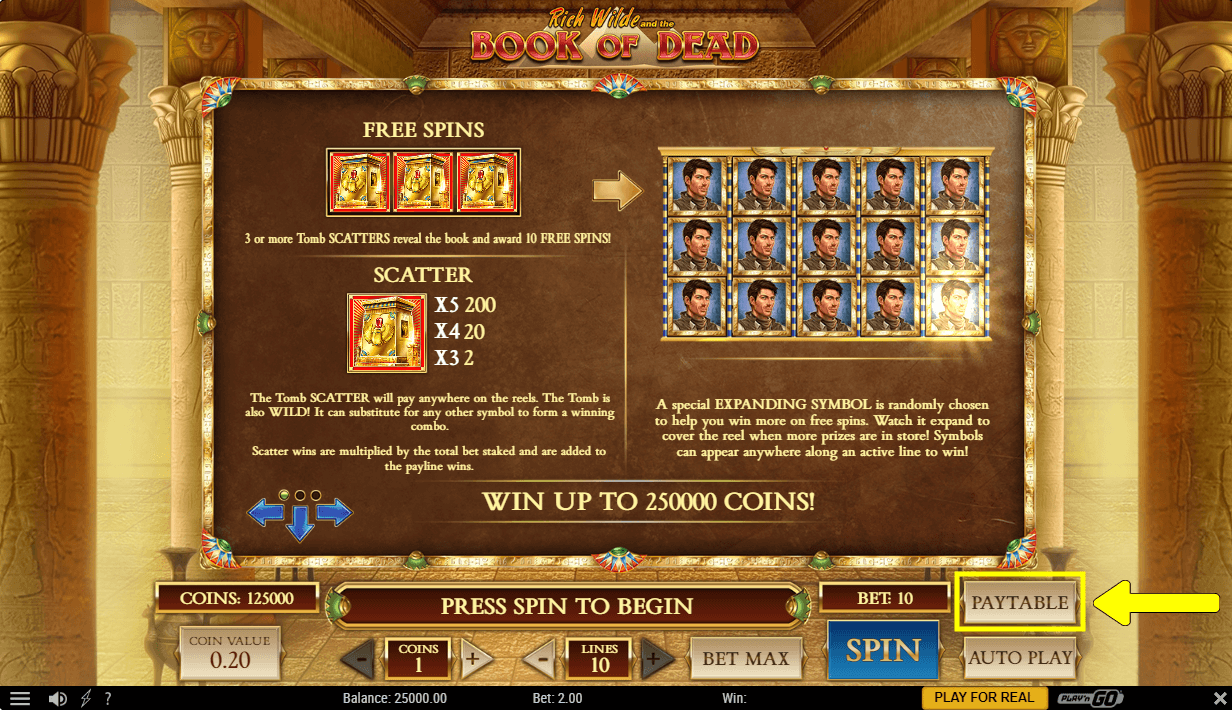 Imagen de tabla de pagos de book of dead